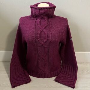 ELLE Wool purple turtleneck cable knit purple sweater with flare sleeves soze XL